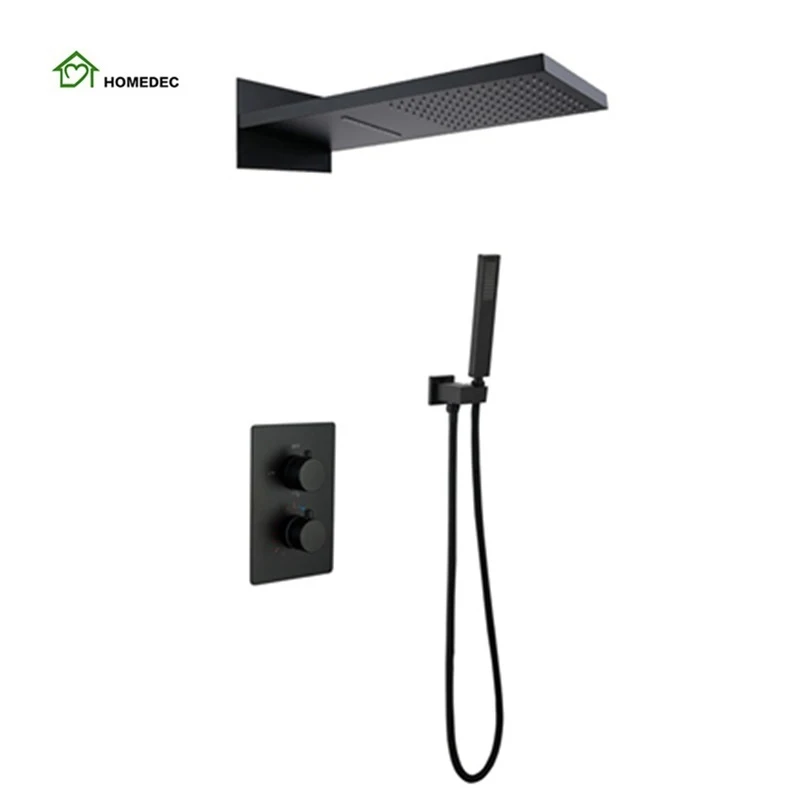 

Matte Black Wall Mount Concealed Rain Bath Bathroom Thermostatic Rainfall Waterfall Shower System Set For Hotel