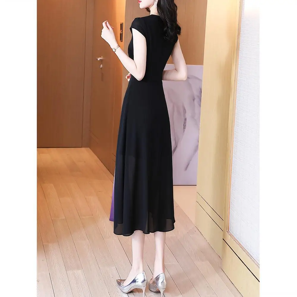 Black Chiffon O-neck Short Sleeve Elegant Dress Summer 2023 New Simplicity Patchwork A-line Skirt Women Clothing Korean Printing