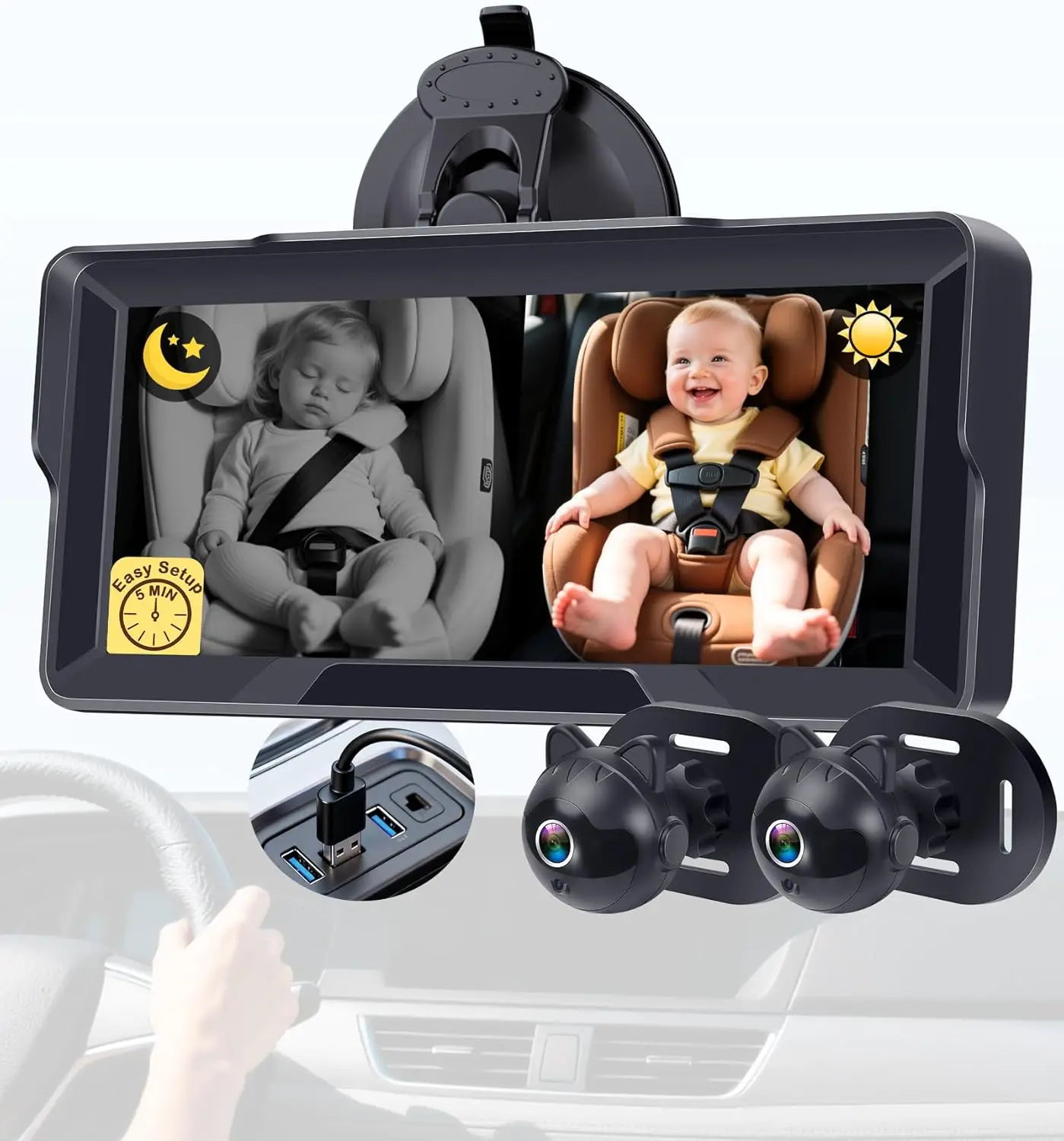 

Двойная автомобильная камера для наблюдения за детьми: 6,8-дюймовый монитор 1080P с ночным видением для двух детей, USB, Plug & Play, простая настройка