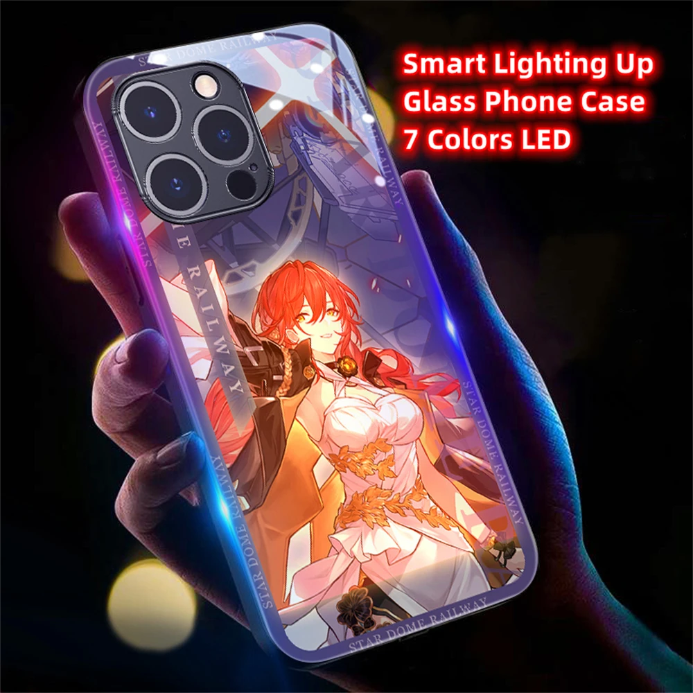 

The Star Rail Role LED Light Glow Luminous Tempered Glass Phone Case For iPhone 15 14 13 12 11 Pro Max XR XS Plus 6 7 8 SE2020