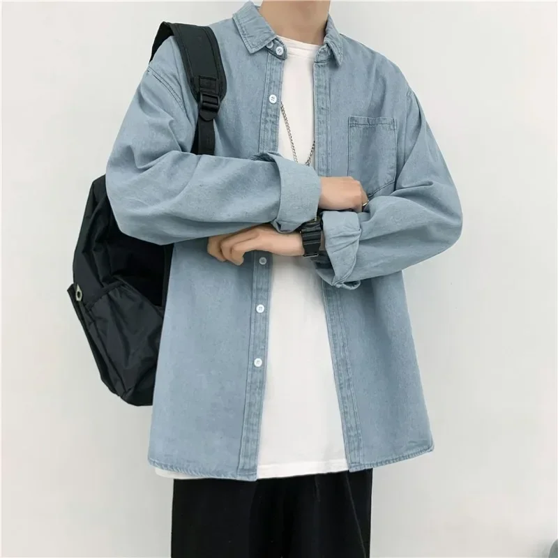 

Korean Fashion Men's Denim Shirt Harajuku Long Sleeved Casual Baggy Shirt Men's Jacket Coat Y2k Men Clothing Japan Streetwear