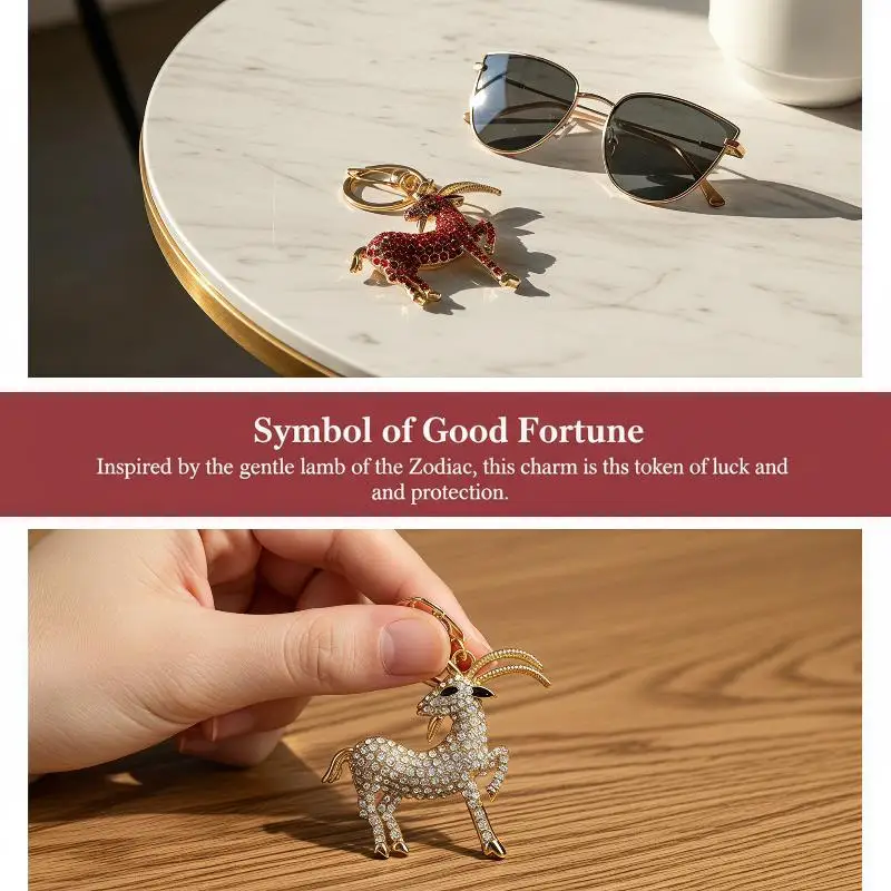 Cute Rhinestone Inlaid Goat Metal Keychain Realistic Appearance Portable Bag Decor for Kids Birthday Gift