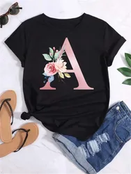 Maycaur Custom Name Letter Combination Fashion Women T-shirt Pink Flower Letter Font A-Z Short Sleeve Tops Black T-shirt Female