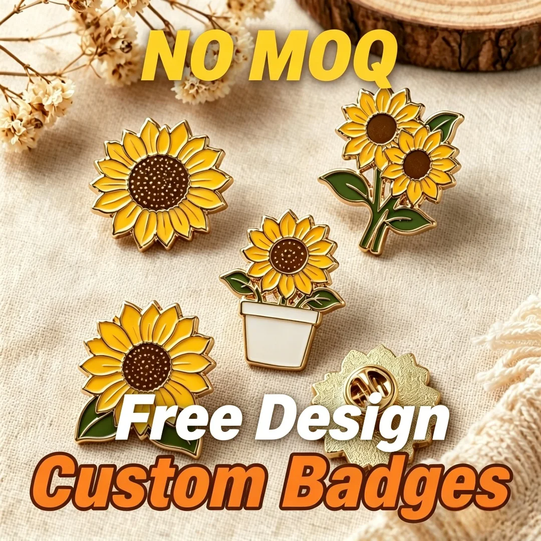 Custom Metal Lapel Pin Sunflower Floral Enamel Brooch Personalized Gold Rim Flower Jacket Backpack Decor DIY Holiday Gift