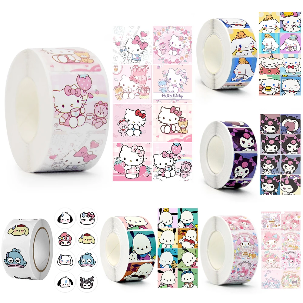 Sanrio Cartoon Sticker Roll/500pcs Cute Cinnamoroll My Melody Kuromi Reward Stickers Student Handbooks Gift Decorative Stickers