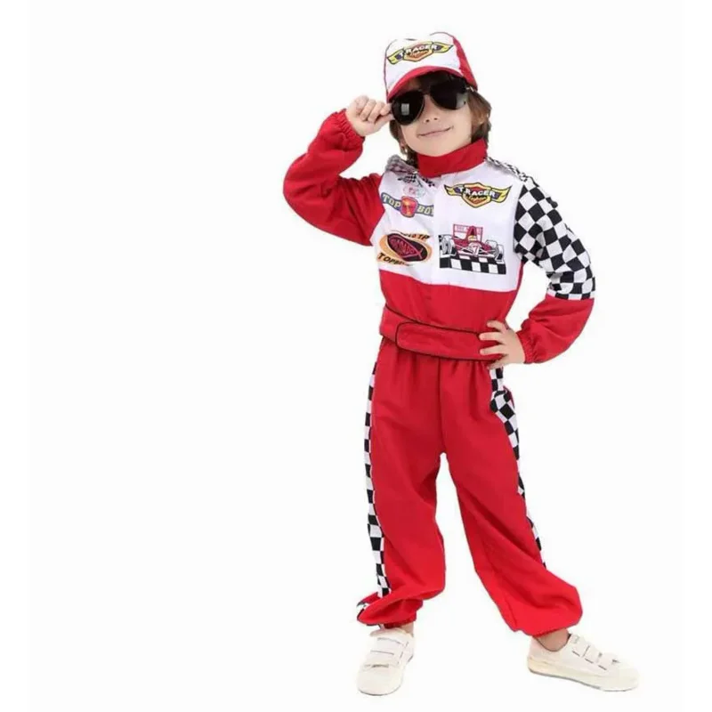 

Kids Boys Halloween Racer Cosplay Red Race Car Driver Uniform Children`s Racing Driver Costume Fancy Dress Masquerade Costume