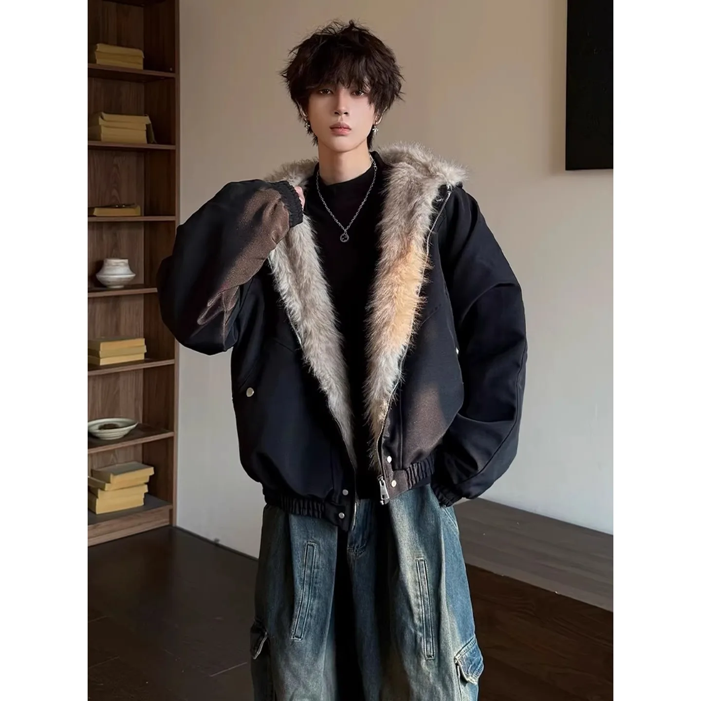 

Men's Thiened Autumn Winter Jaet with Fur Collar Hooded Cotton Coat Warm American Sle ort Length Zipper Closure ...