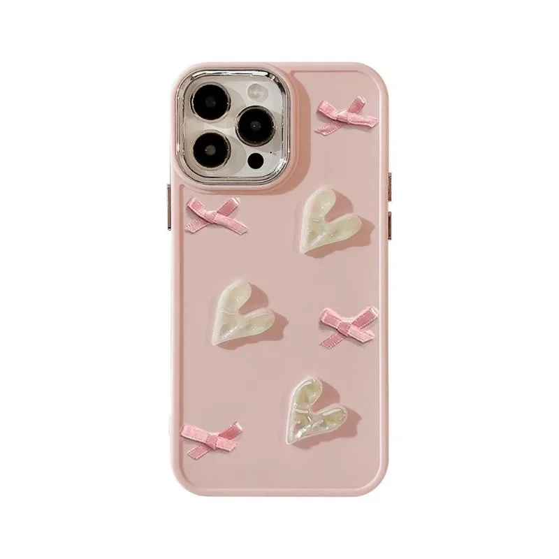 Pink Love Bow Cute Simple 14promax for Apple 15 Phone Case Iphone13 Stereo Laser 11 for 12 Soft Small Fresh