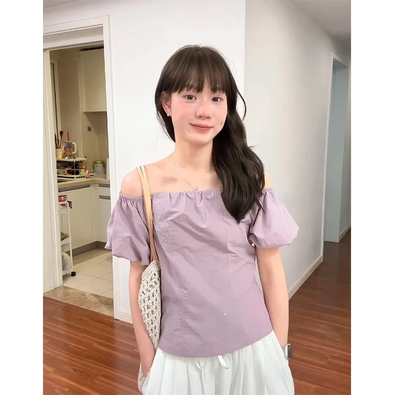 

Design Sensation Purple One-oulder Women's irt Summer New Sle oulder Pleated Slimming Bubble Sve Blouse