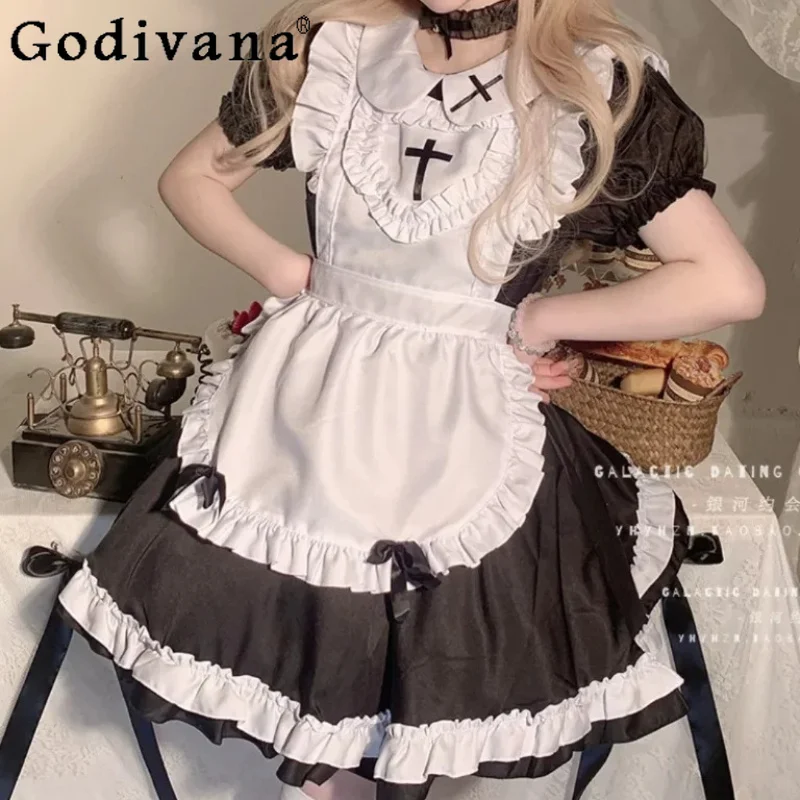 

L-5X Large Size Anime Maid Cos Costume Women Classic Short Sleeve Dress Japan Sexy Lolita Apron Uniform Halloween Nurse Clothes