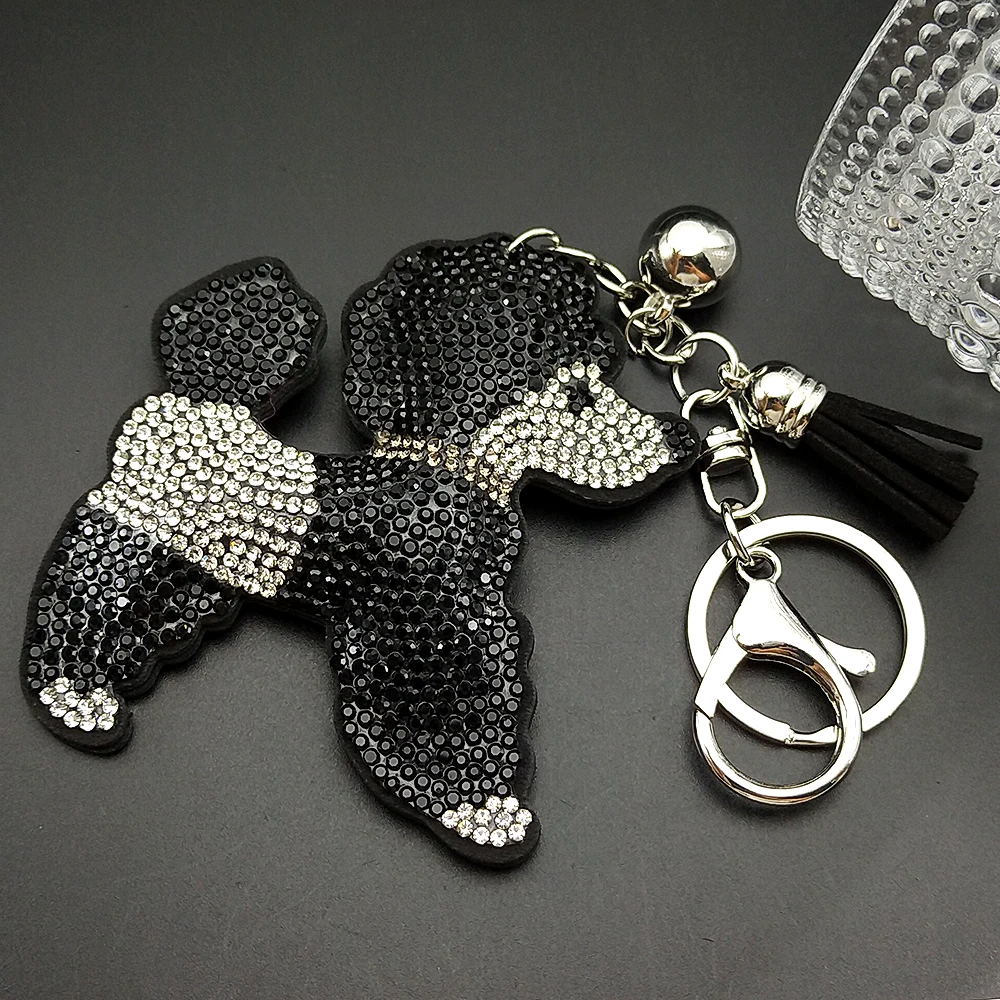 Pudel Teddy Hund Schlüsselanhänger Damen Herren Voller Strass Kristall Schwarz Quaste Kawaii Welpe Tier Geldbörse Tasche Charm Schlüsselanhänger Schmuck