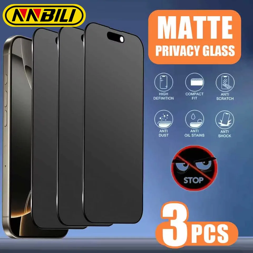 NNBILI 3 piezas de protector de privacidad mate de cobertura completa para iPhone 18 17 16 15 14 13 12 11 Pro Max Plus Mini XS, vidrio antiespía