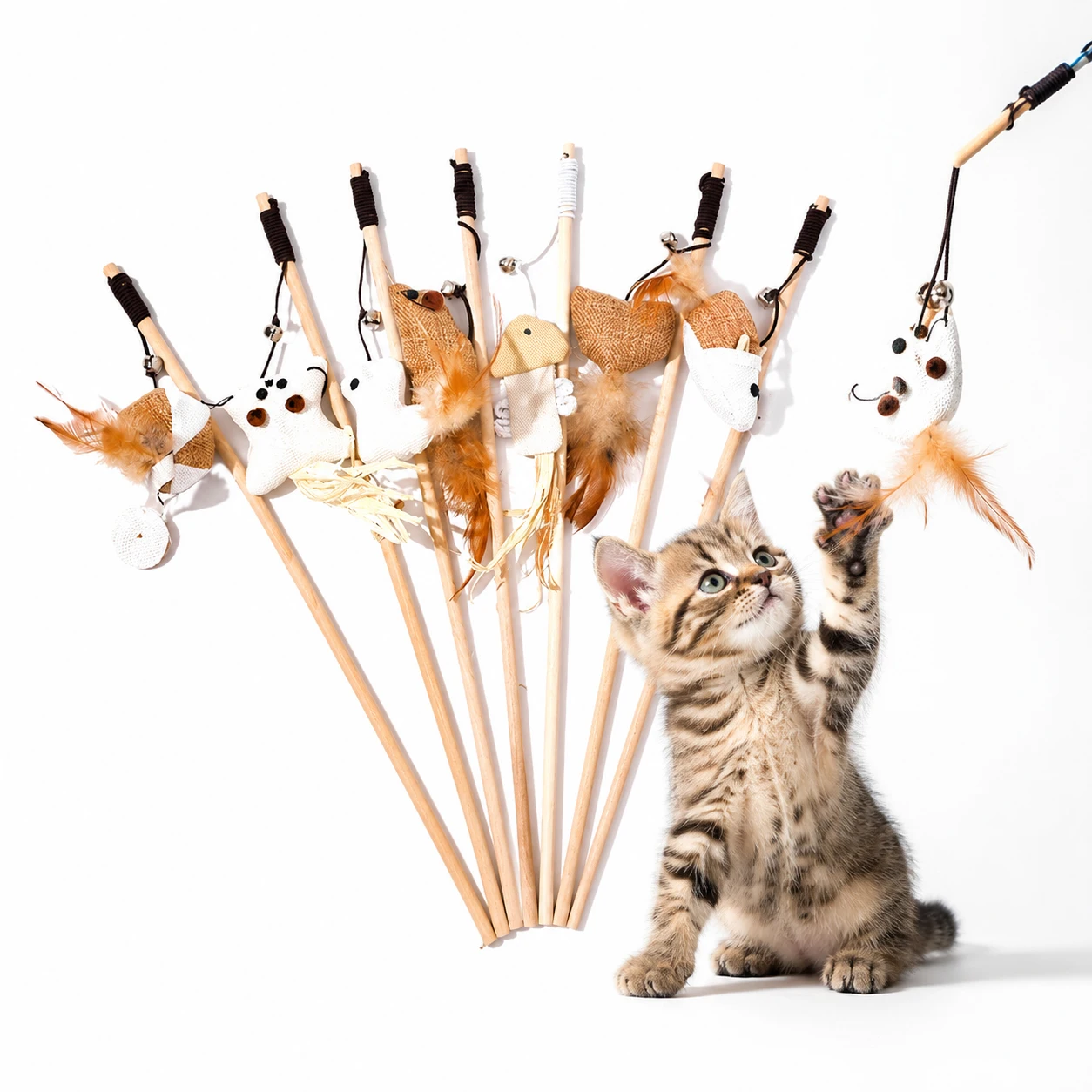 Cat Wand Toy Feather Fish Interactive Teaser Stick Natural Wooden Rod with Bell Kitten Hunting Chase Exercise Pet Toy