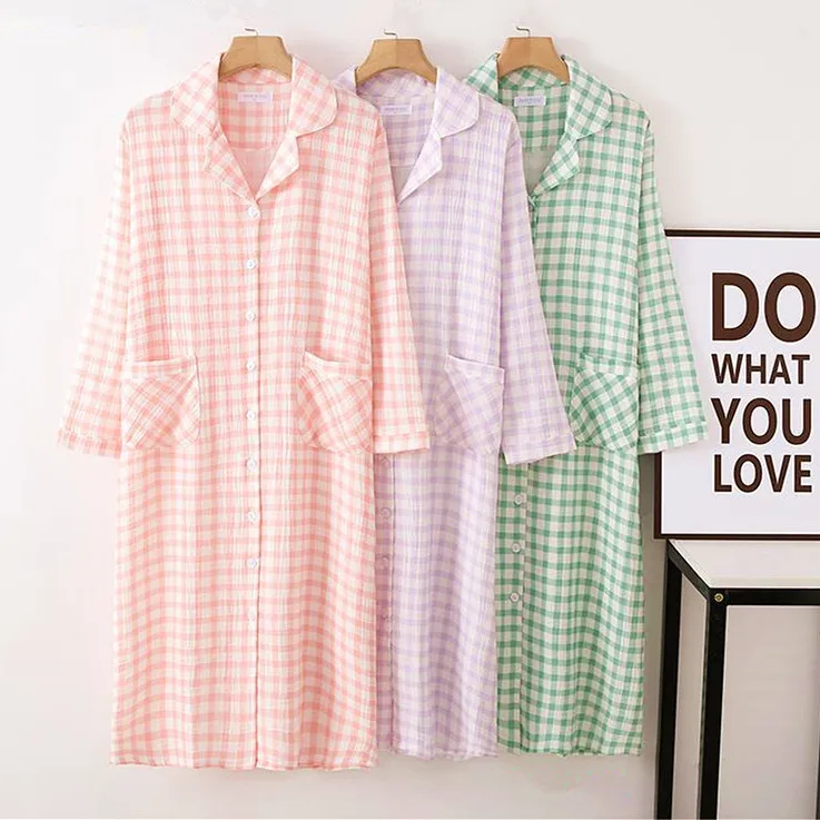 Spring Autumn Lapel Long Sleeve Night Dress Women Cotton Nightgowns Buttons Cardigan Shirt Large Size Ladies Sleep Nightshirt