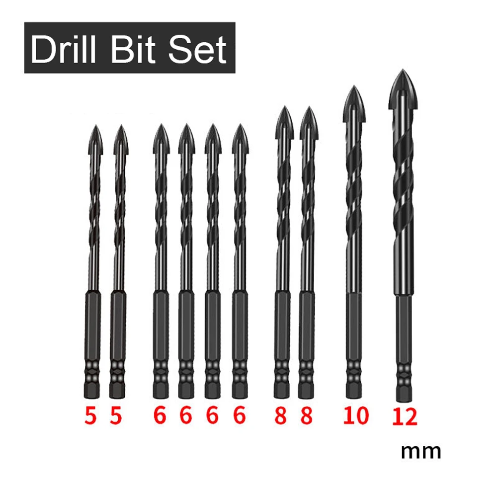 10PCS YG8 Carbide Four-edged Crossdrill Bit Set Marble Ceramic Tile Wall Brick Holes Drilling Accessory Punching Tool