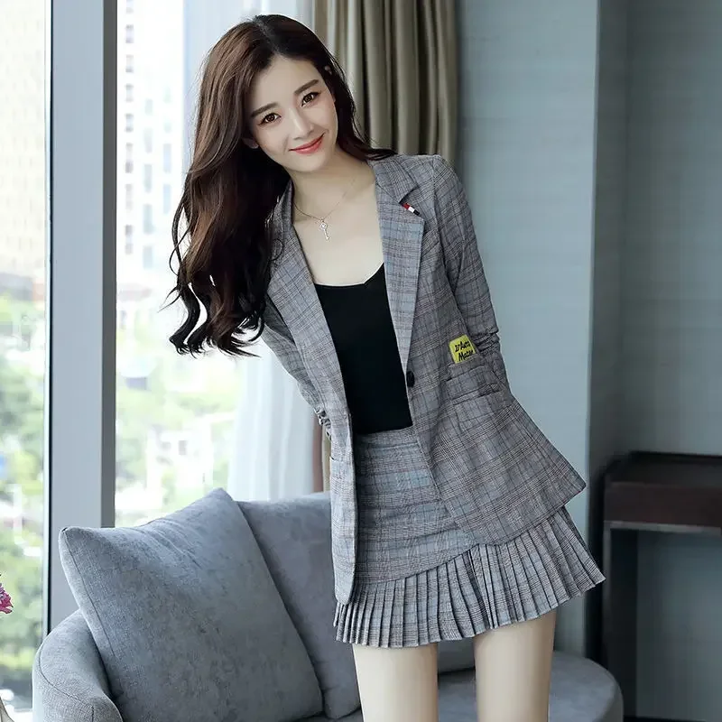 Grey Women\'s Short 2 Sets Summer Suits with Skirts and Blazer 2024 Two Piece Set for Woman Long Sleeve Mini Outfits Jacket Korea