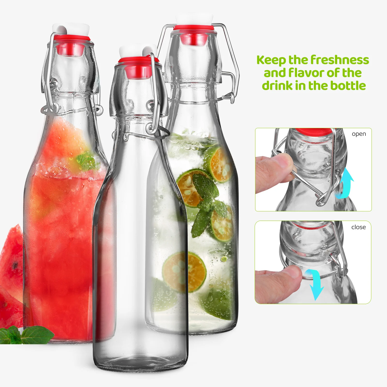 

6Pcs Glass Storage Bottles Swing Top Anti-Leak Buckle Clear Portable Beverage Containers for Homemade Drinks Camping Outdoor