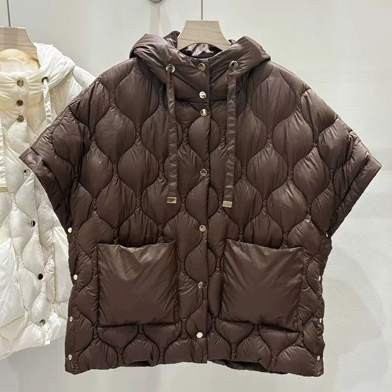 Schinteon Damen-Weste aus 90 % weißer Entendaunen, unregelmäßige ärmellose Jacke mit Kapuze, einfarbig, modisches Herbst-Winter-Top 2025