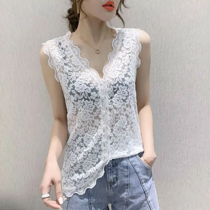 V-neck Lace Camisole Women\'s Summer New Sexy Inner Wear Hollow Bottoming Shirt Sleeveless Mesh Top Outerwear Tank Top