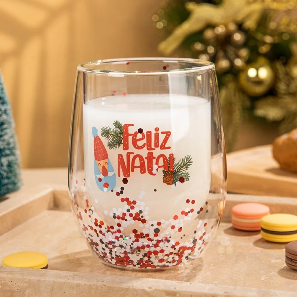 Heat-resistant Double-layer Sequins Christmas Glass Cup High Borosilicate Glass Reusable Coffee Milk Mug Tea Espresso Cup