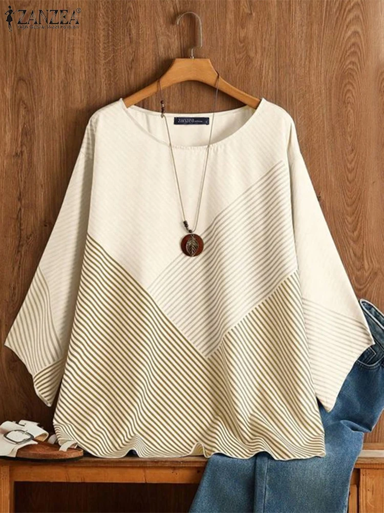 ZANZEA Korean Fashion Long Sleeve Tops Colorblock Stripes Splicing Blouses Round Neck Printing Simple Commuting Office Blusas