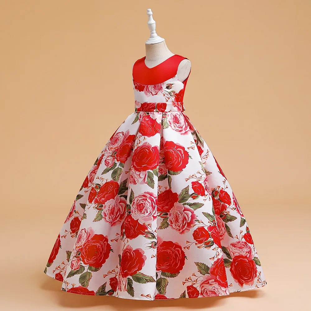 Girls Party Dresses 8Y-12Y Kid Satin Dress Wedding Birthday Show Floor-length Print Ball Gown Children