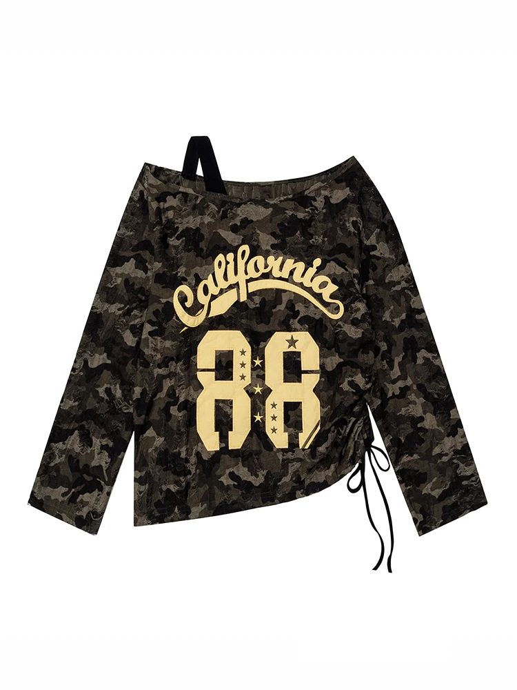 الأمريكية الساخنة فتاة التمويه إلكتروني طباعة طويلة Sve تي شيرت المرأة أوائل الخريف فضفاض الرباط مربوط أعلى Ci المشي Sle