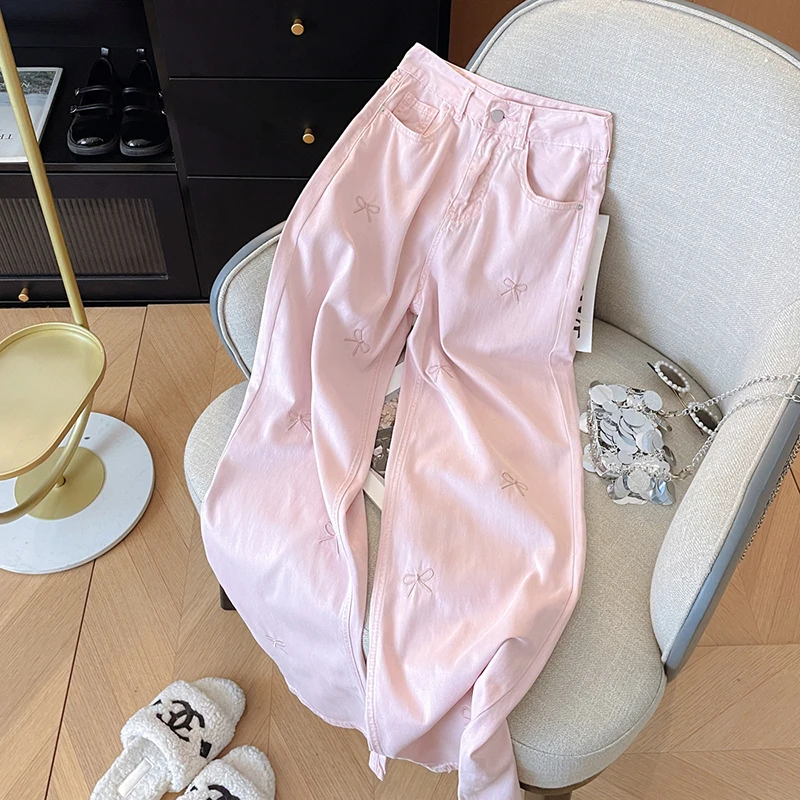 Sweet Pink Bow Print Loose Wide Leg Pants Y2k E-Girl High Waist Straight Trousers 2024 Spring Jeans Pantalones Mujer