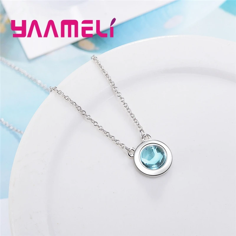 Minimalist Hot Sale Round Blue CZ Stone Sparkling 925 Sterling Silver Necklace For Loverly Woman Girls Trendy Festival Gift image 4
