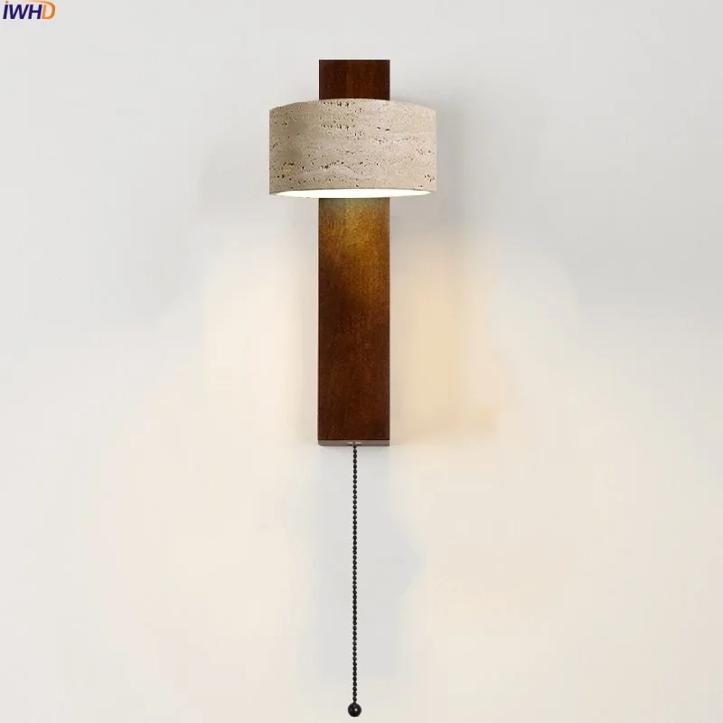 

IWHD Wabi Sabi LED Wall Lamps Wood Yellow Travertine Pull Chain Switch Left Right Rotate Bedroom Living Room Lights Wandlampen