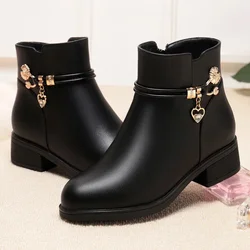 Botas de cuero con diamantes de imitación Para mujer, zapatos cálidos de algodón, tacón bajo, punta redonda, cremallera lateral, calzado Para Otoño e Invierno
