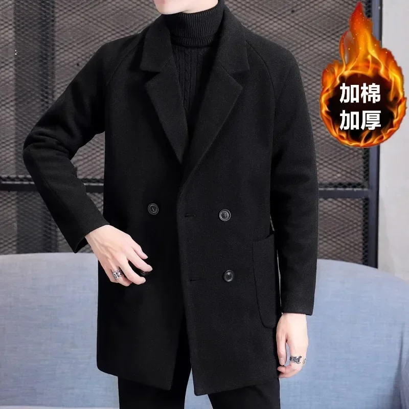 

Winter Add Cotton Woolen Jacket Men's Brand Casual Business Long Trench Coat Streetwear Warm Overcoat Social Office Men Clothing