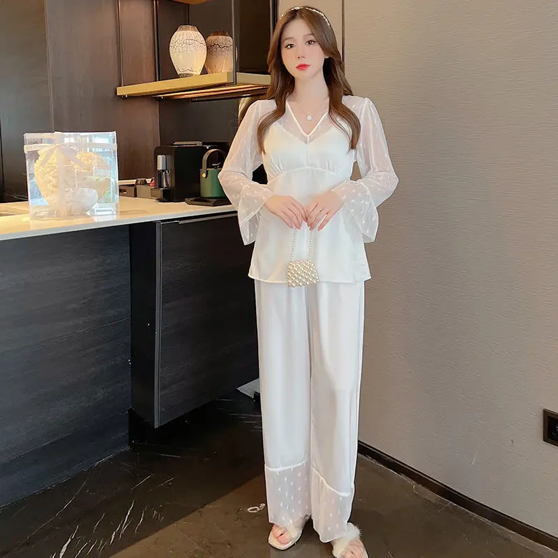 Women Spring Summer Pajama Set Female V-Neck Satin Silk Lace Hollow Sexy Home Suit Girl Heart Print Long Sleeve Pants Sleepwear