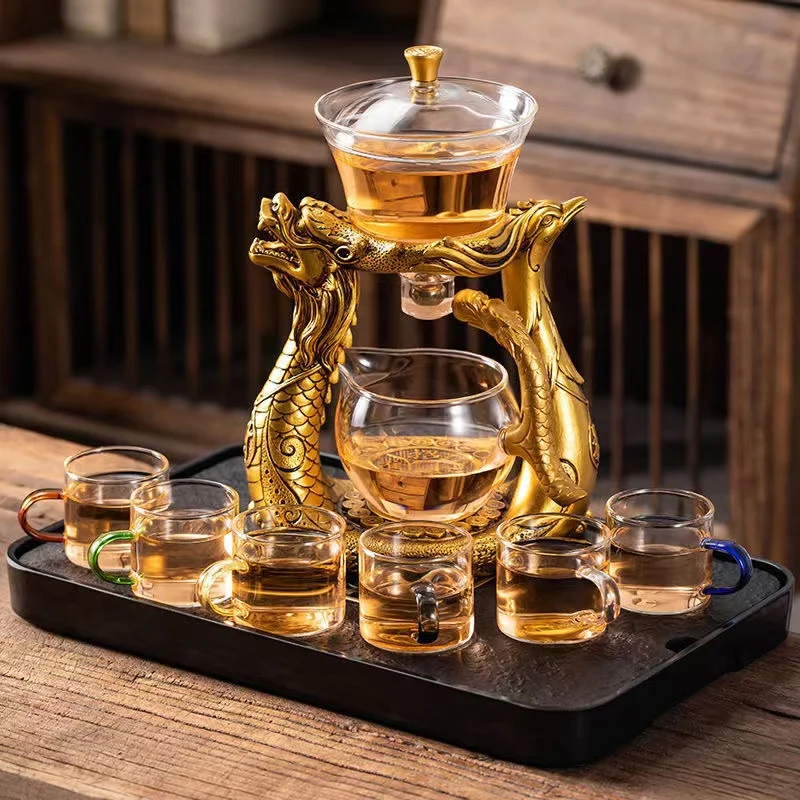 BOZZH Creative Dragon Glass Teapot Magnetic Diversion Rotating Cover Bowl Water Tea Cup Pu\'er Oolong Drinkware Dropshipping Tea