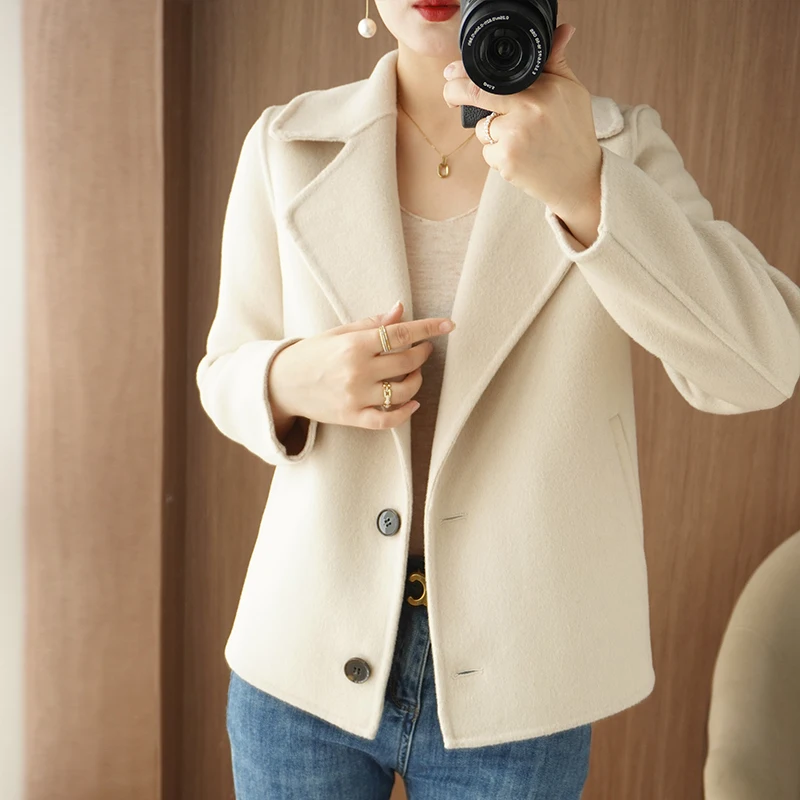 

Элегантное простое стильное осенне-зимнее шерстяное пальто для похудения и темперамента, короткий дизайн, женская элитная куртка из 100% шерсти, верхняя одежда