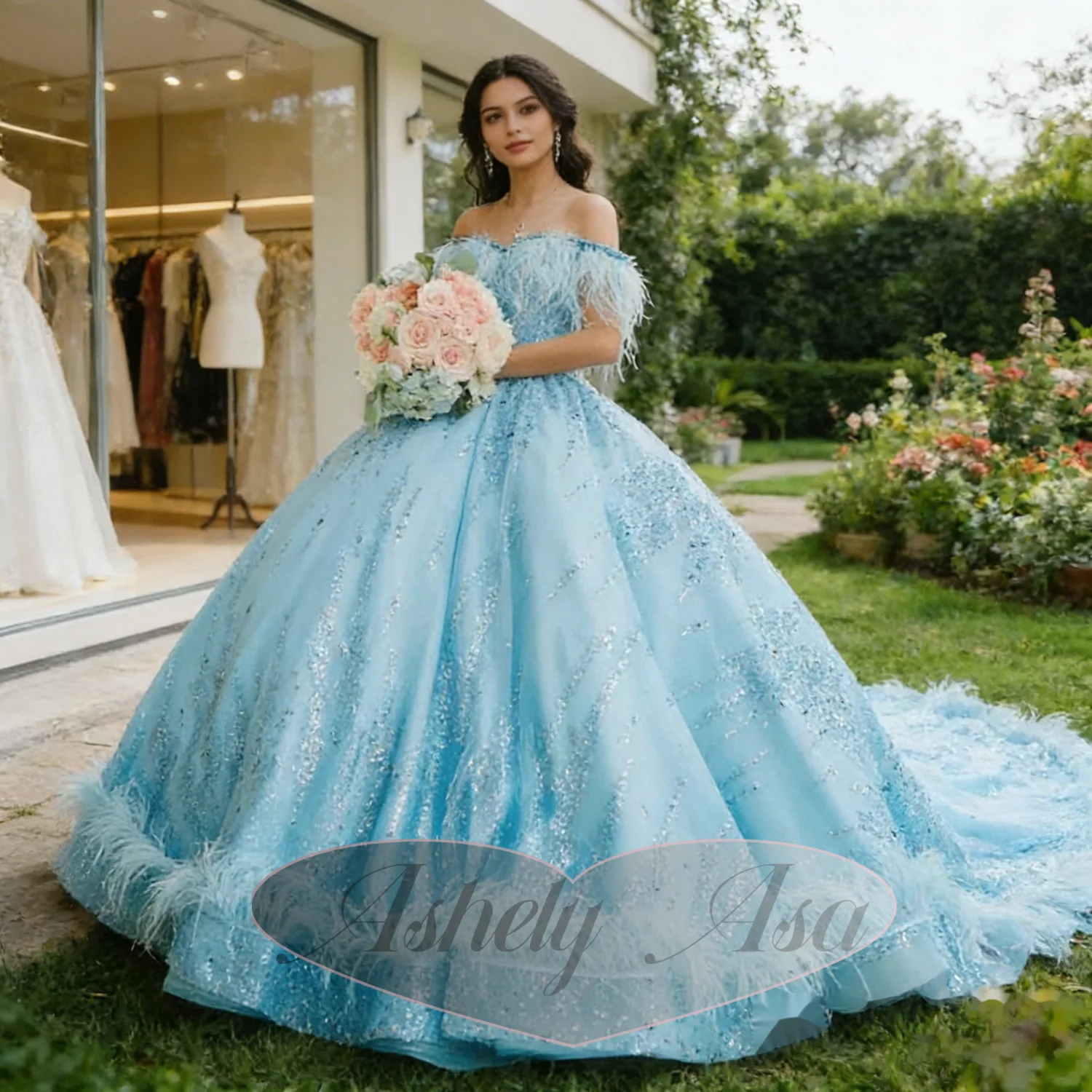 

Customized Shinny Feather Quinceanera Dresses Women Communion Sweet 16 Prom 15th Girls Birthday Party Dress Vestidos De XV Años
