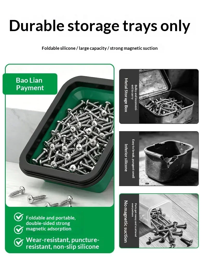 Magnetische Silikon-Aufbewahrungsschale mit Fächern für Schrauben, zusammenklappbare Werkzeugbox aus Kunststoff für Klempner – Detail 3