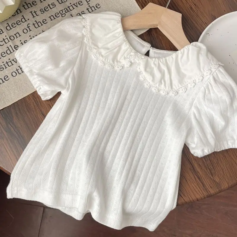 

T-shirt Summer Korean Baby Flower Lace Doll Collar Short Sleeve Girl Tops Baby Undershirt Princess Simple Fashion 2024