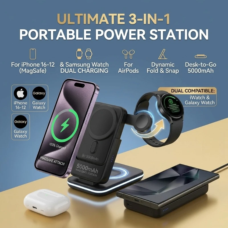 

5000mAh Magnetic Wireless Portable Powerbank Multi Function Charger Dock For iPhone12-16,Airpods,iWatch,Samsung Smart Watch
