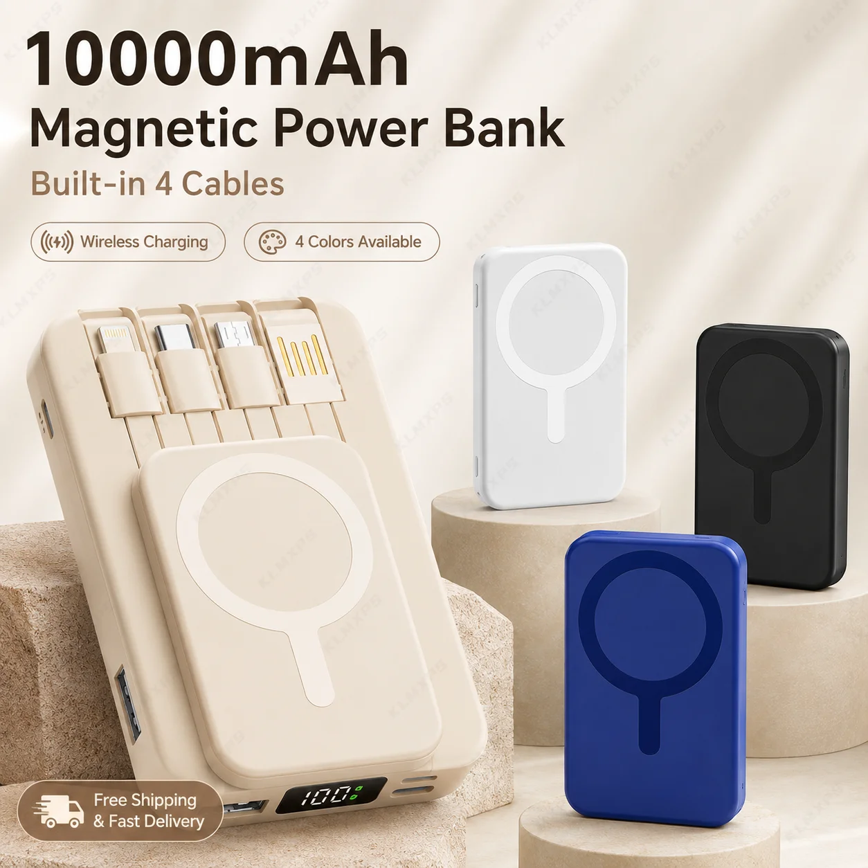 10000mAh Magnetische kabellose Powerbank mit Lightning-, Type-C- und USB-Kabeln, schnelles Laden, tragbares Ladegerät für iPhone