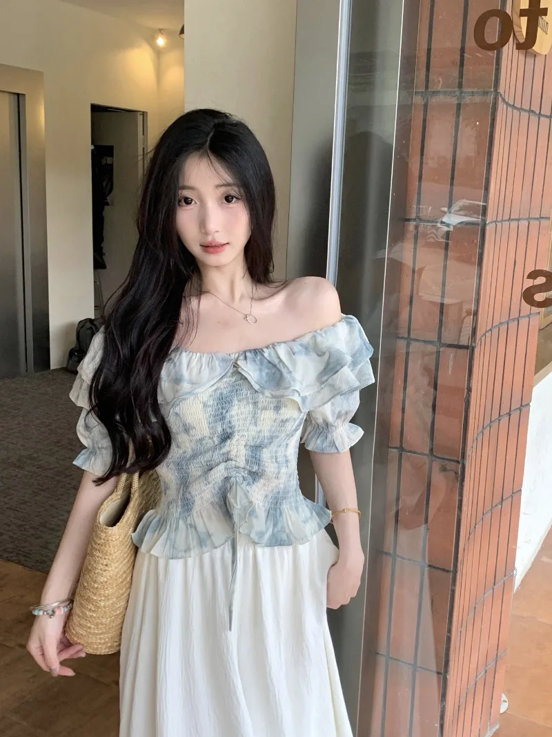 

Sweet Fashion Slash Neck Tie Dye Top Women Ruffle Edge Splice Shirring Drawstring Print Collarbone Slim Summer Chic Lady Wear