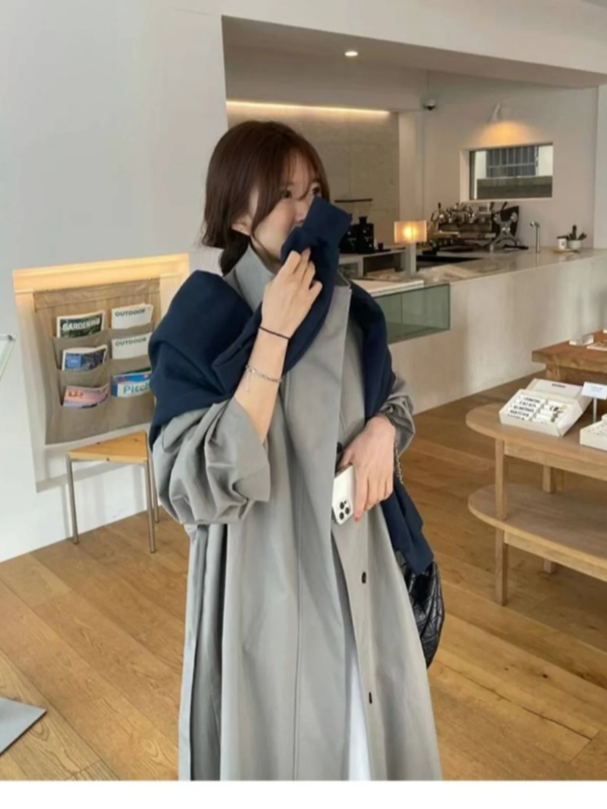Long Coat Jacket Women's Autumn New Fashion Casual Design Collar Stand-Up Belted Coat Korean Style Loose Fit Single Button