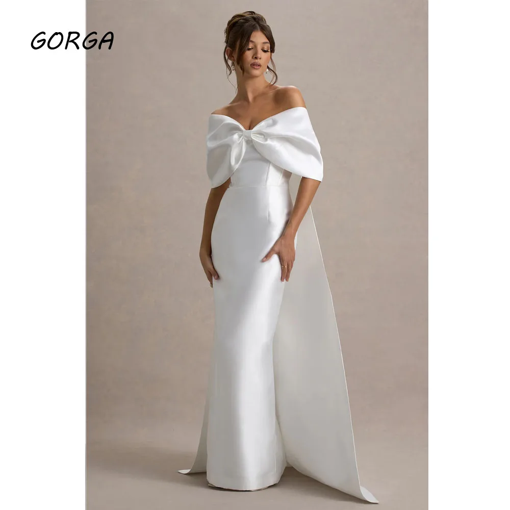 

GORGA Customized Ivory Floor-Length Satin Evening Dress Bow Off the Shoulder Prom Dress 2025 Short Sleeves Mermaid Party Dress