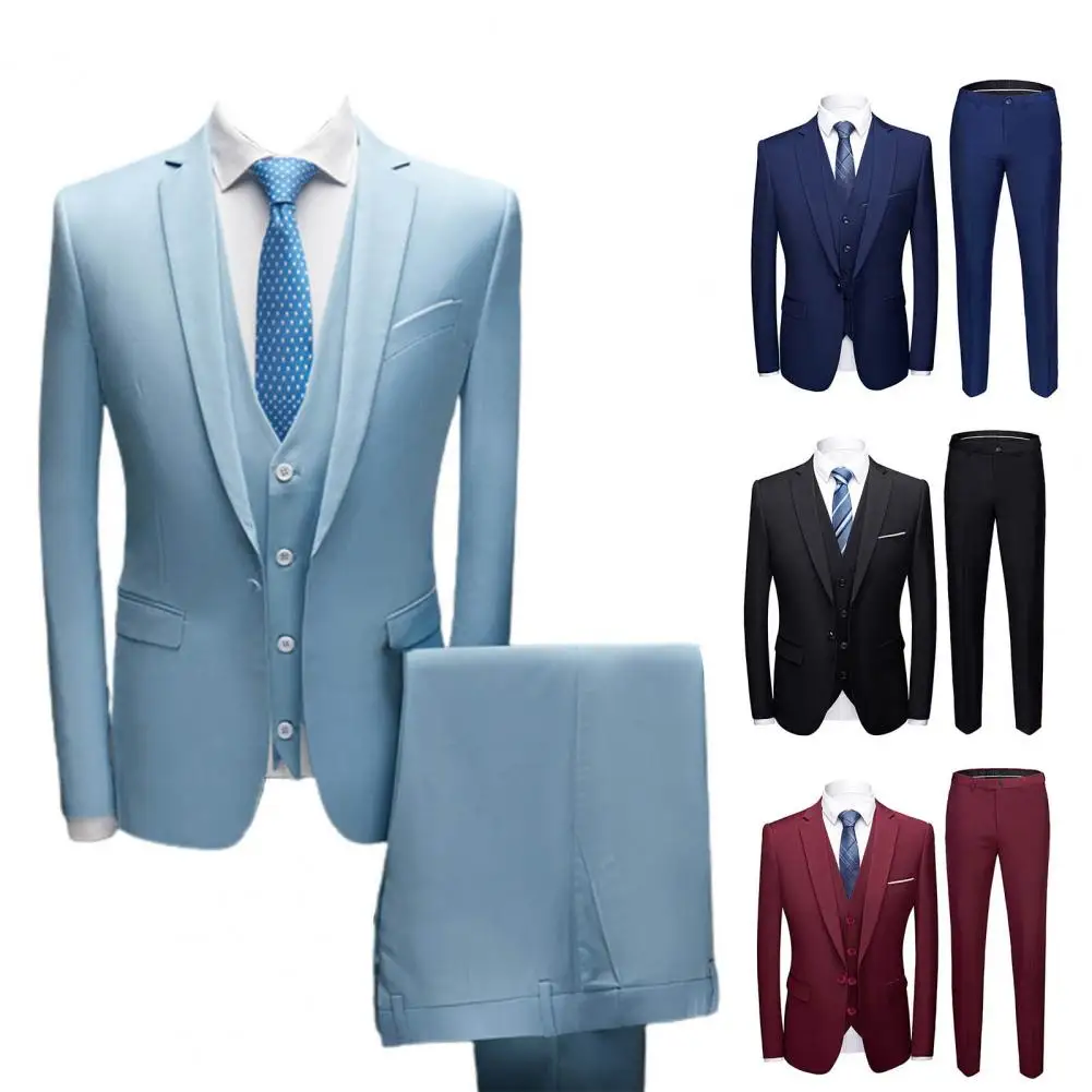 1 Set Formal Suit  Pocket   Groom Suit Pure Color Buttons Blazer Pants