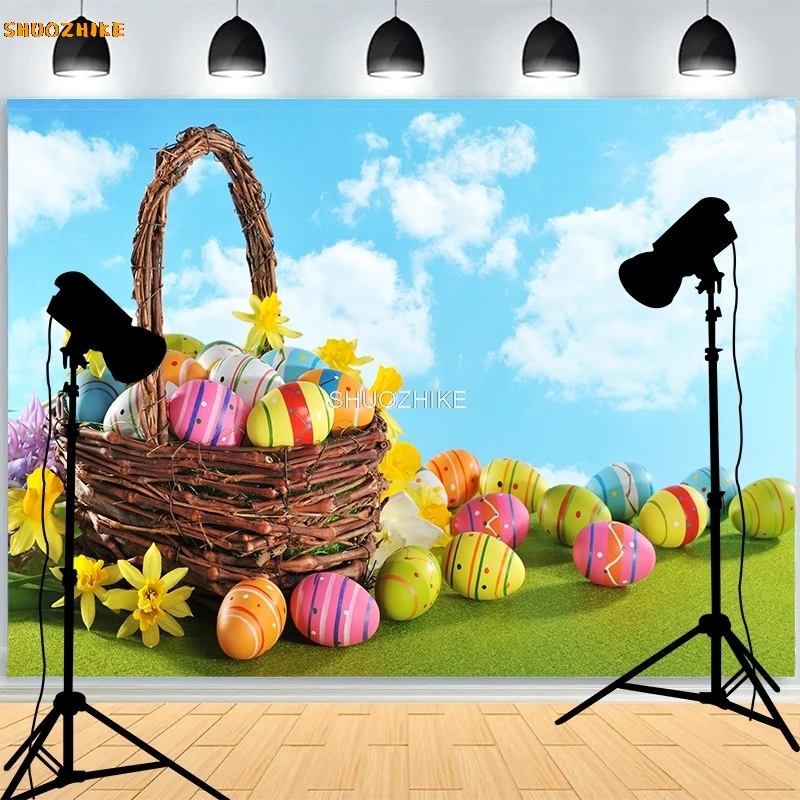 Pastel Happy Easter Day Photography Backdrops Prop With Bunch Eggs Pumpkin Rabbit Children Portrait Party Photo Background ES-07