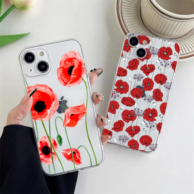 Poppy Flower Bloom Hot Red Clear Case For  iPhone 12 13 Pro Max 11 14 Pro Max Mini XS X XR SE 2020 7 8 Plus Transparent Covers