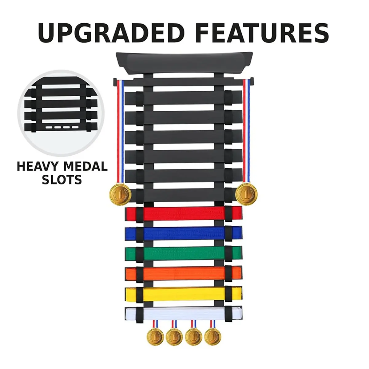 12 Belts Karate Belt Display Rack, Bamboo Wood, Medal Hangers - Taekwondo Belt Display, Jiu , BJJ, Martial Arts