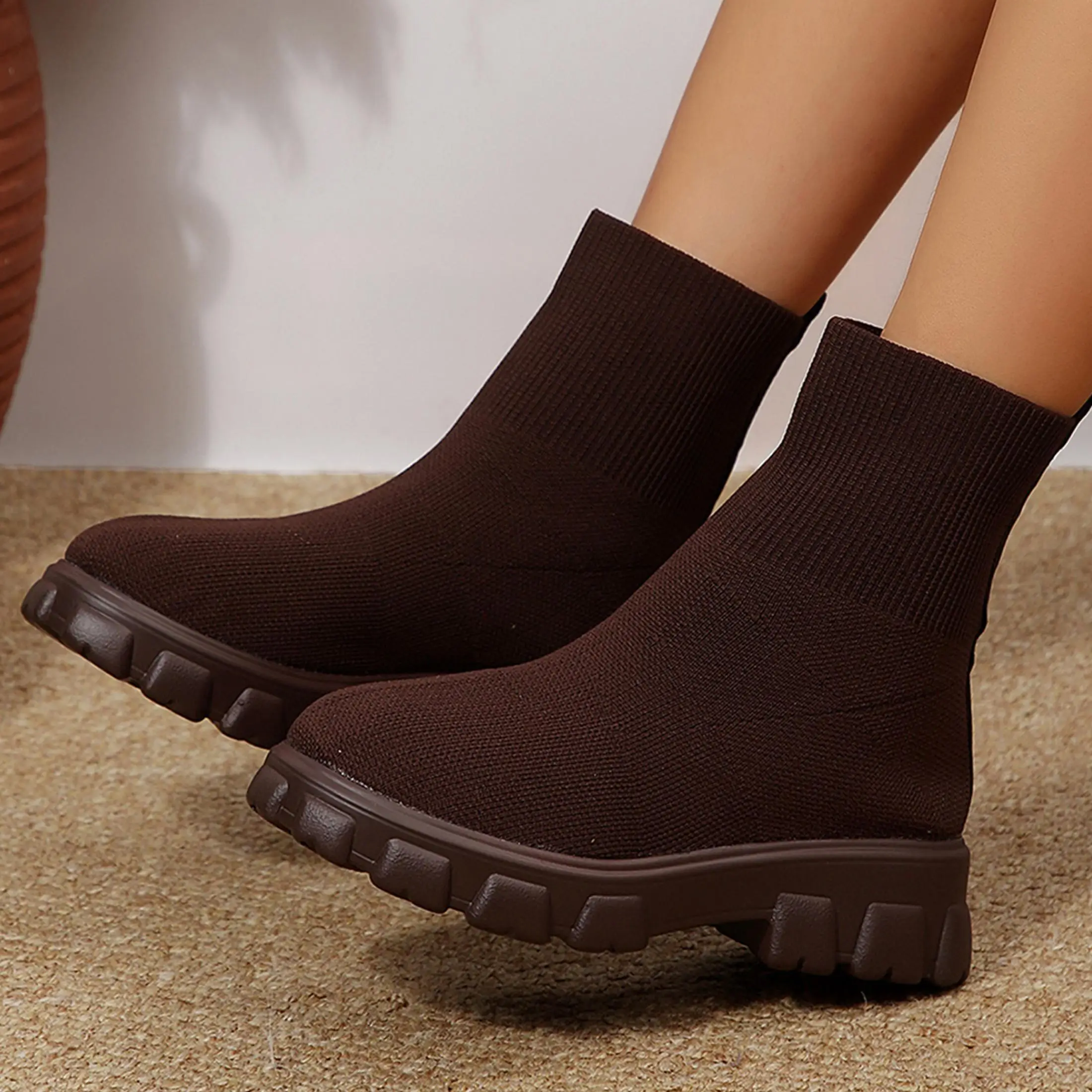 Ankle Boots for Women Comfortable Round Toe Slip On Stretch Soft Chunky Block Heel Knit Platform Boots Punk Dress Sock Boots - view 4