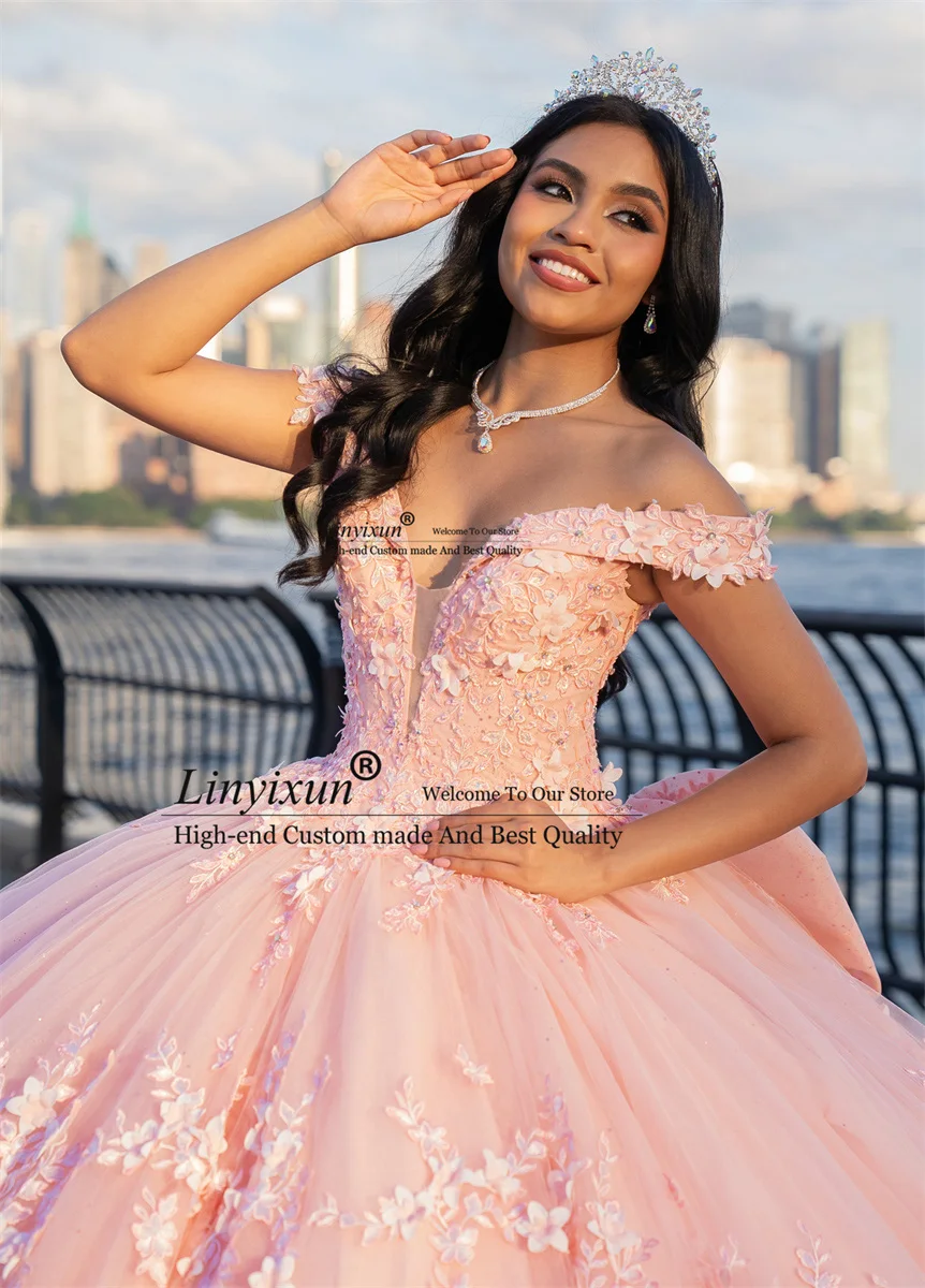 Mexican Pink Ball Gown Quinceanera Dresses 2024 3D Flower Applique Off Shoulder Big Bow Sweet 15 16 Dress Birthday Party Wear