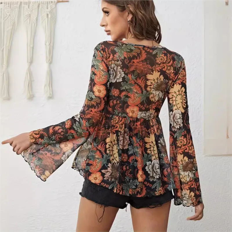 New all-match design sense of temperament age reduction mesh printed deep V-neck sexy slim flared sleeve long sleeve top